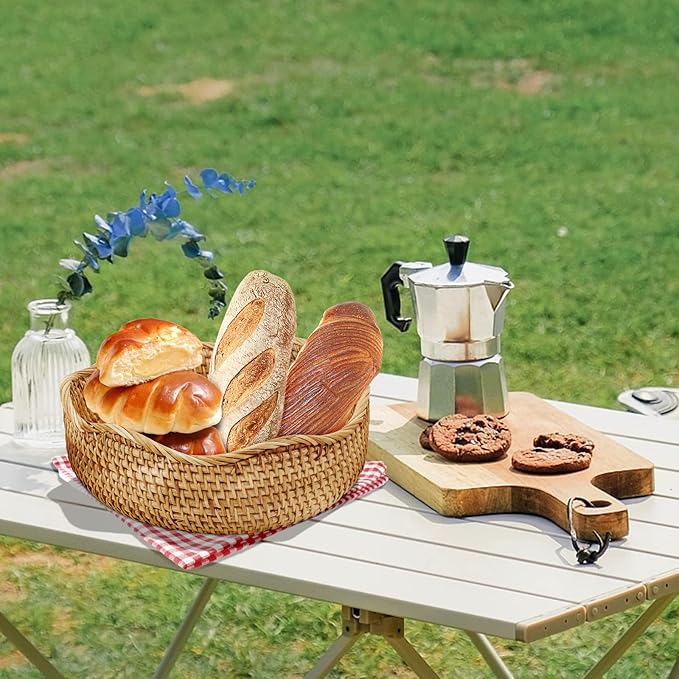 Natural Rattan Round Fruit Basket Bowls, Hand Woven Decor Serving Baskets, Wicker Storage for Dinning Room (Wave-Medium) <9''(D) X3.3(H)>