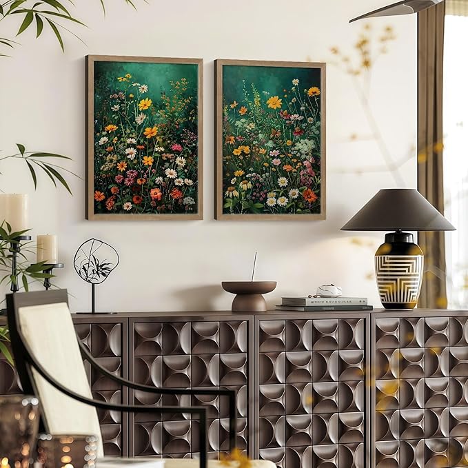 Framed Vintage Canvas Wall Art Vivid Garden Botanical Style Poster Picture Countryside Painting Nature Scenery Modern Home Print Living Room Gallery Office Ready to Hang 16x24 Inch x2