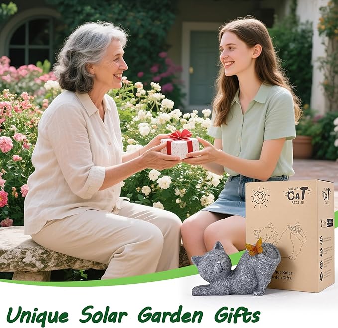 Solar Garden Statue with Glowing Butterfly, Outdoor Resin Cute Figurine with Solar Light, Waterproof Yard Decor for Patio, Lawn, Porch, and Unique Garden Gifts for Lovers (solar cat statue gray)
