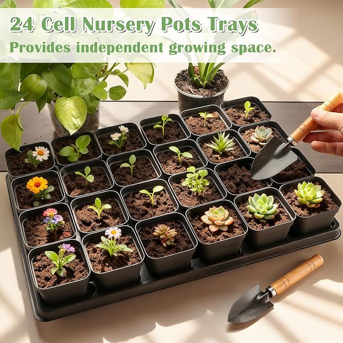 5 Pack 24 Cell Nursery Pots Trays with 2.8 inch (7CM) Square Nursery Pots 120pcs (Black), Plastic Seed Starter Tray with Drain Holes for Carrying and Holding Plant Pot(17"x11"x1.6")