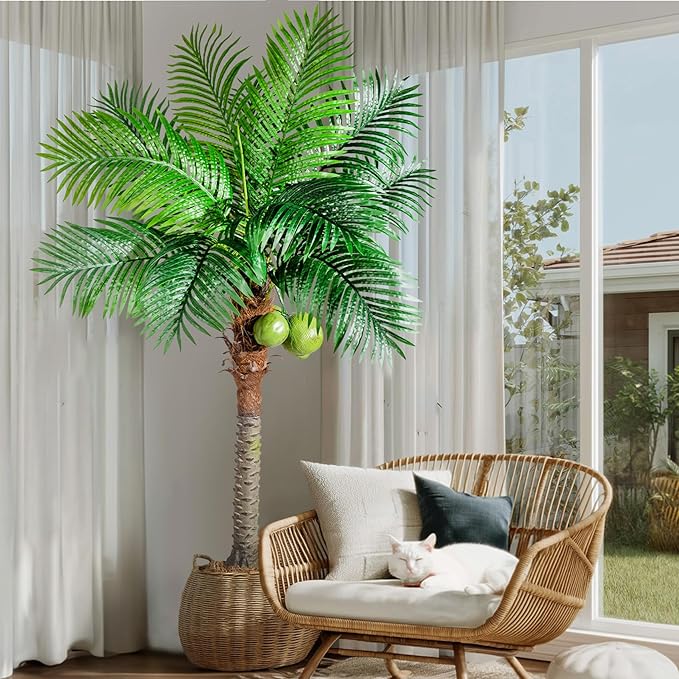 Artificial Phoenix Palm Tree 6ft Tall - Fake Large Tropical Tree with Adjustable Leaves, Realistic Faux Sago Palm for Indoor Outdoor Decor, Patio, Poolside, Yard, Living Room, Office