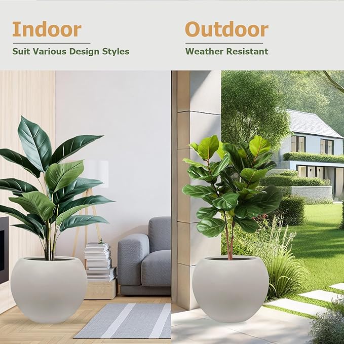 9.7" H x 12" D Globo Fiberstone Round Planter with Drainage Hole, Smooth Finishes, Weather Resistant for Indoor and Outdoor Use, Included 2 Extra Coco Mats (Taupe, 7.8" Pot Opening)