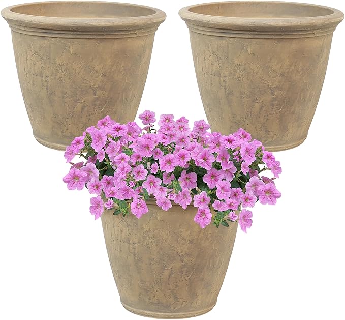 Sunnydaze 24-Inch Anjelica Large Plastic Pot for Plants - Double-Walled Outdoor Polyresin Round Planter Porch Pot with Drillable Drainage Holes - Beige - 3pk