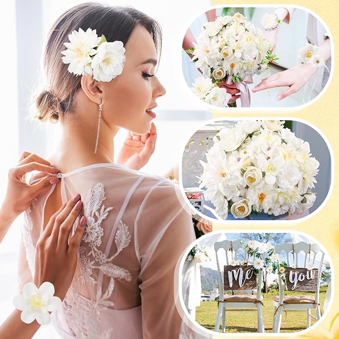 80 Pcs Assorted Fake Flower Heads Mini Artificial Flower Heads Bulk Silk Faux Daisy for Crafts Fake Peony Rose for Wedding Party Wreath Home Decoration(White)