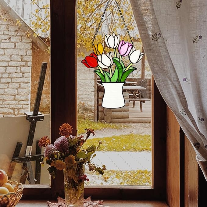 Tulip Stained Glass Window Hangings Flower Suncatcher Ornament, Handmade Tiffany Style Stained Glass Flower Decor Gifts for Women Mom Teacher,Wedding Birthday Christmas Celebration Gifts