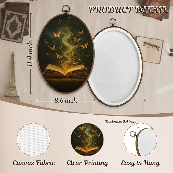 LKETW Vintage Moody Gold ButterflyBook Oval Wall Art Decor, Dark Academia Bookish Oval Canvas Hanging Decor, Book Lovers Gifts Wall Decorations for Reading Room Library Gallery, 8.6x11.4 Inch