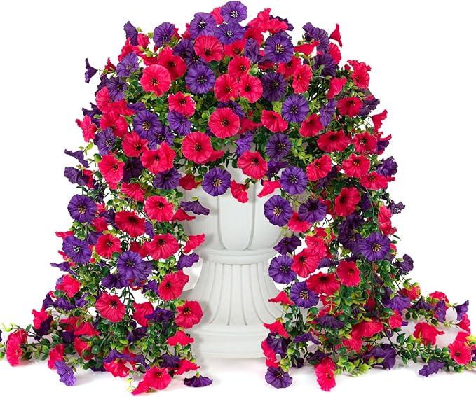 Artificial Hanging Flowers for Outdoor, 2 PCS Silk Morning Glory Faux Flowers with Eucalyptus Leaves,Realistic Hanging Plants for Wedding Home Office Garden Decor