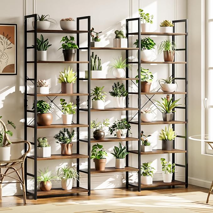 OTK Triple Wide 6 Tier Bookshelf, Rustic Industrial Style Bookcases with 14 Open Display Shelves, Wide Bookshelves for Bedroom, Living Room and Home Office, Rustic Brown