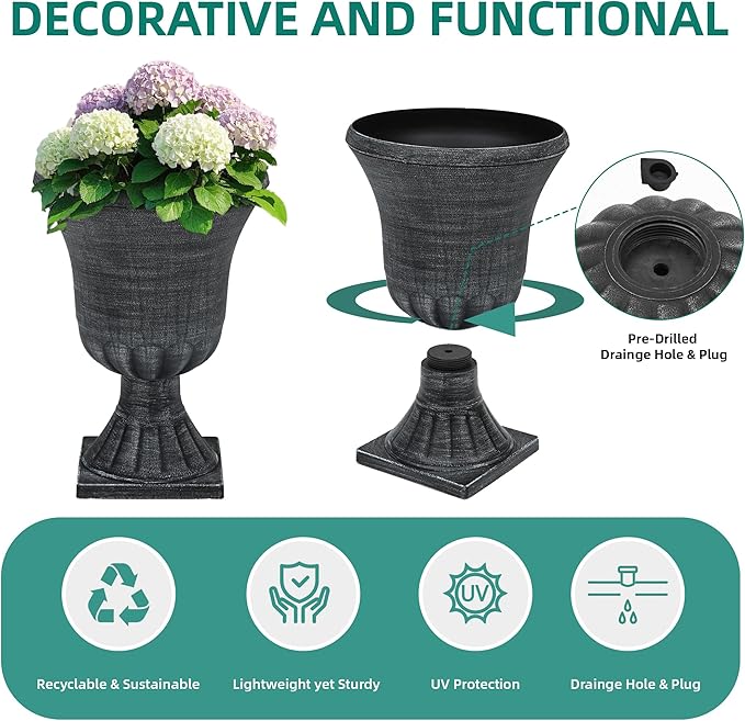 22" Tall Planters Set of 2, Washed Black Urn Outdoor Pots for Plants, Versatile Indoor/Outdoor Flower Pots w/Drainage Holes for Patio, Garden, Porch & Living Room Decor, Ideal Gift