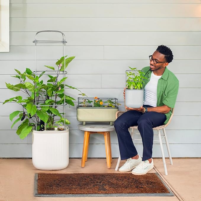 Vego garden Planters for Outdoor & Indoor Plants, Large Plant Pots with Self Watering, 15" Tall Large Plant Pots with Trellis for Flowers Plants Decor, Fog Gray