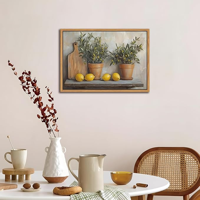 Floating Framed Vintage Kitchen Wall Art, Yellow Lemon Still Life Wall Decor Oil Paintings, Rustic Farmhouse Artwork Canvas Posters Prints Pictures for Living Room Bedroom Home Decor 12x16 Inch