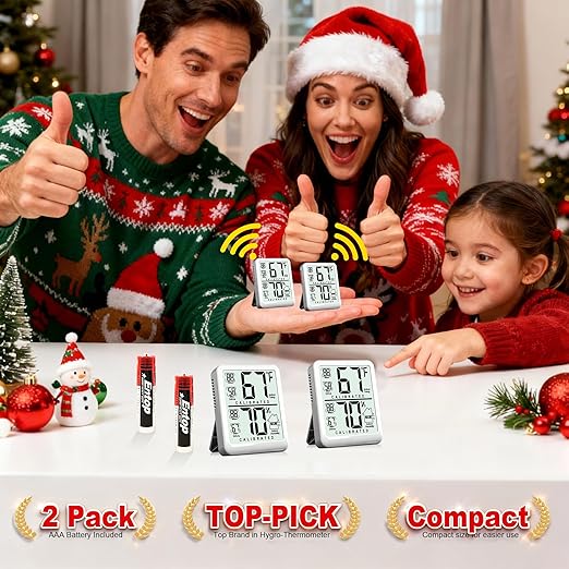 Antonki 2-Pack Room Thermometer, Digital Small Hygrometer Indoor Thermometer Humidity Gauge, Temperature Humidity Meter with Max/Min Record Monitor Sensor for Home, Plants - Battery Included