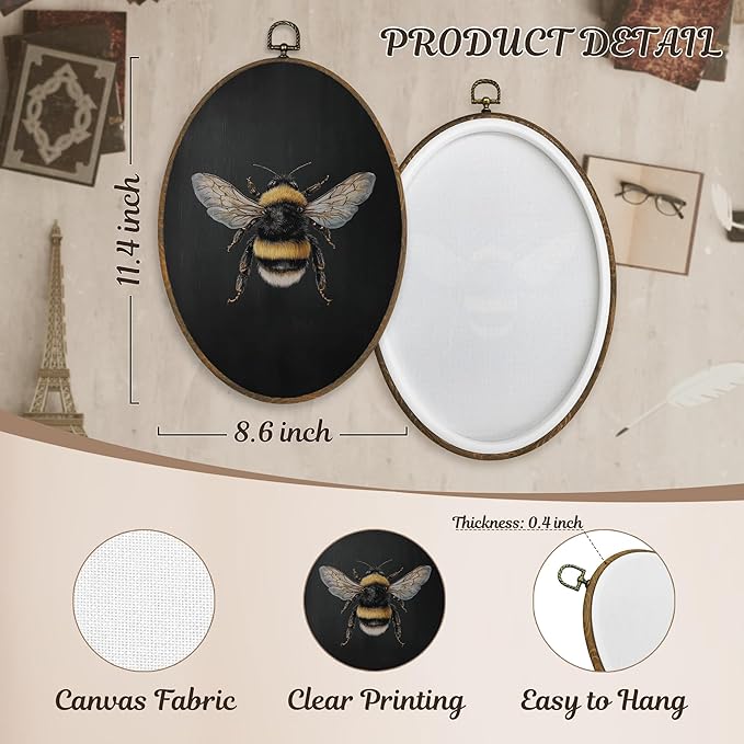 LKETW Vintage Moody Bee Oval Wall Art Decor, Dark Academia Bumblebee Oval Canvas Hanging Decor, Rustic Dark Cottagecore Bee Insect Wall Decorations for Farmhouse Home Living Room, 8.6x11.4 Inch