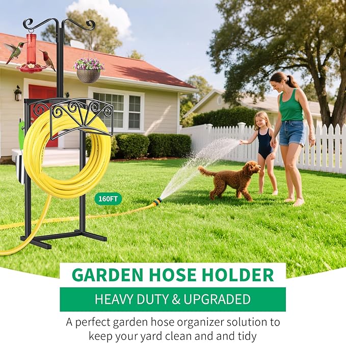 TomCare Garden Hose Holder with 2 Shepherds Hooks Heavy Duty Water Hose Holder Holds 160 FT Hoses Sturdy Hose Reel with 2 Tool Hooks Freestanding Outdoor Hoses Storage Hanger for Outside Yard, Black