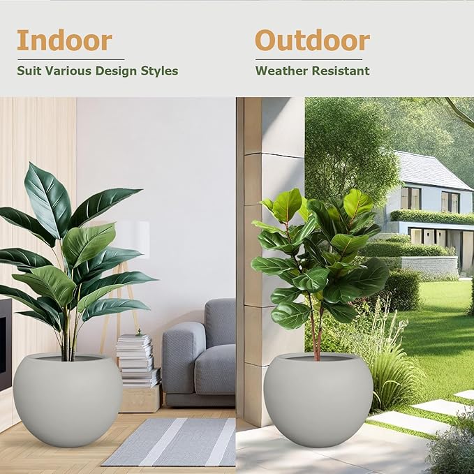 16"H x 20"D Globo Fiberstone Round Planter with Drainage Hole, Smooth Finishes, Weather Resistant for Indoor and Outdoor Use, Included 2 Extra Coco Mats (Light French Gray, 13.5 Pot Opening)