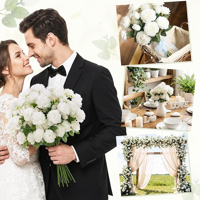36 Bundles Artificial Flowers Peonies Roses Fake Bouquet for Wedding Bridal Shower Valentine's Day Decorations Fake Floral Arrangements Table Centerpieces Home Decor(White)
