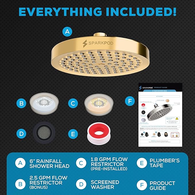 SparkPod Shower Head - High Pressure Rain - Premium Quality Luxury Design - 1-Min Install - Easy Clean Adjustable Replacement for Your Bathroom Shower Heads (Egyptian Gold, 6 Inch Round)
