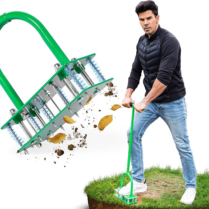 Manual Aerator Lawn Tool With 15 Iron Spikes, 6-Spring Self-Cleaning Heavy-Duty Lawn Aerator Tool - Automatic Reset & Dirt / Leaf Clean System For Soil Loosening & Dethatching In Yard, Patio & Garden