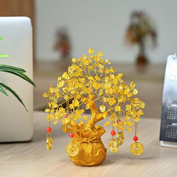 Citrine Crystal Tree with Artificial Coin Pot Base Bonsai Tree for Home & Office Decor Good Luck 6 Feng Shui Coins Money Tree Yellow Crystal Spiritual Gifts for Women Mom Sister Desk Bookshelf Decor