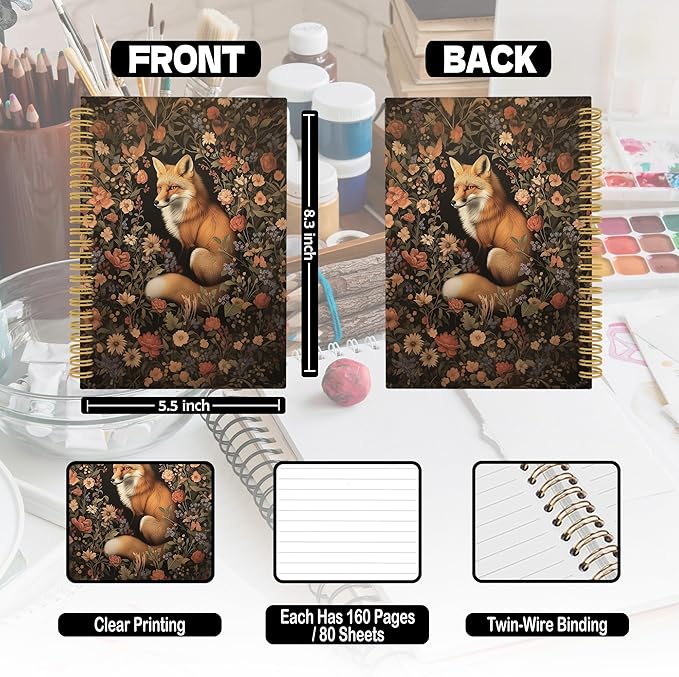 Fox Floral Spiral Notebook, Retro Black Cottagecore Floral Journaling Notebooks for Note Taking, Vintage Flower Aesthetic Hardcover Journals for Women 160 Pages 5.5x8.3 Inch, Fox Gifts for Women