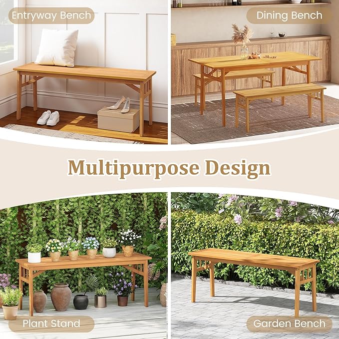 Tangkula Outdoor Acacia Wood Bench, 48” Patio Dining Bench with Slatted Seat, Backless Wooden Entryway Bench, Farmhouse Indoor Outdoor Furniture for Garden, Poolside, Park & Deck