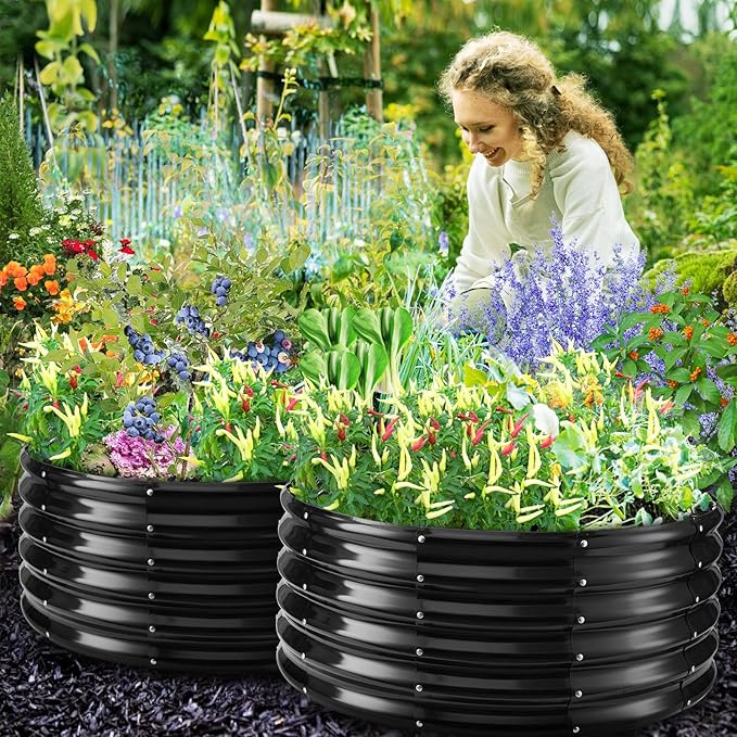 17" Tall Round Outdoor Garden Raised Garden Bed Kits-0.8MM Thick Metal Raised Planter Bed/Ground Planter Box for Variety of Flowers,Herbs,Vegetables,Trees (Black, 40 Dia X 16.5 inches)