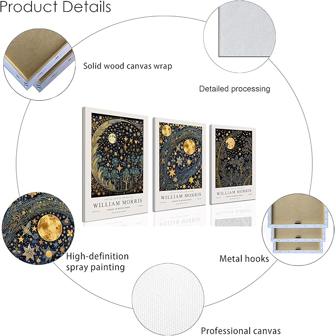 WRFON William Morris Canvas Wall Art, Vintage Gold Moon Wall Decor, Dreamlike Stars Poster Prints, Retro Botanical Aesthetic Pictures for Bedroom Living Room Office Framed Ready to Hang 16"x24"x3