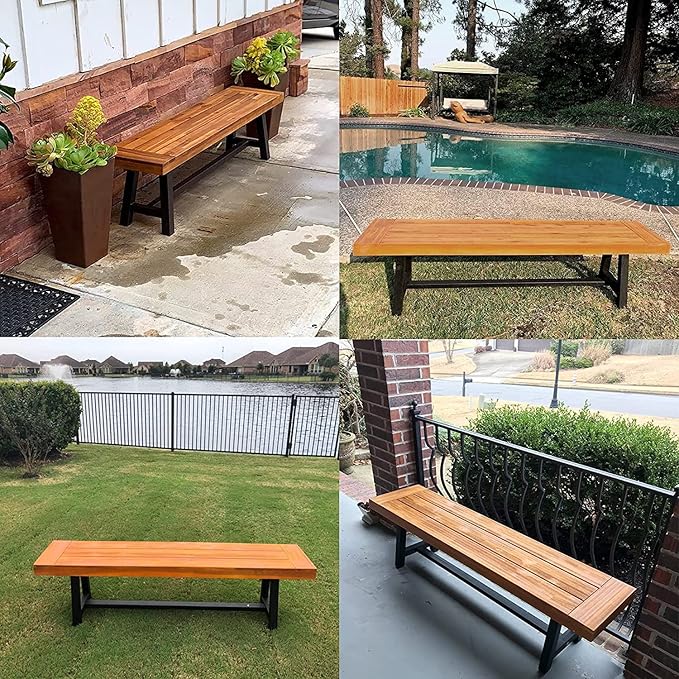 PHI VILLA Outdoor Acacia Wood Bench, 2 Pieces 63" Patio Picnic Bench, Supports 550lbs, Classic Brown and Black
