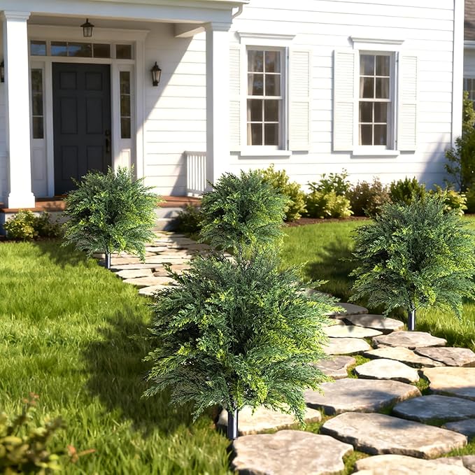 2-Pack Artificial Cedar Topiary Ball Trees 22" Outdoor UV Resistant Faux Cypress Shrubs with Ground Spike, Realistic Evergreen Bushes for Front Porch, Garden, Backyard, and Indoor Decor