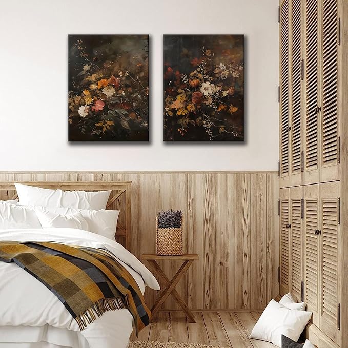 2pcs Vintage Dark Floral Canvas Wall Art Moody Autumn Floral Wall Decor Pictures Country Flowers Posters Prints Still Life Paintings for Farmhouse Living Room Bedroom Dining Room Decor 12x16 Inch