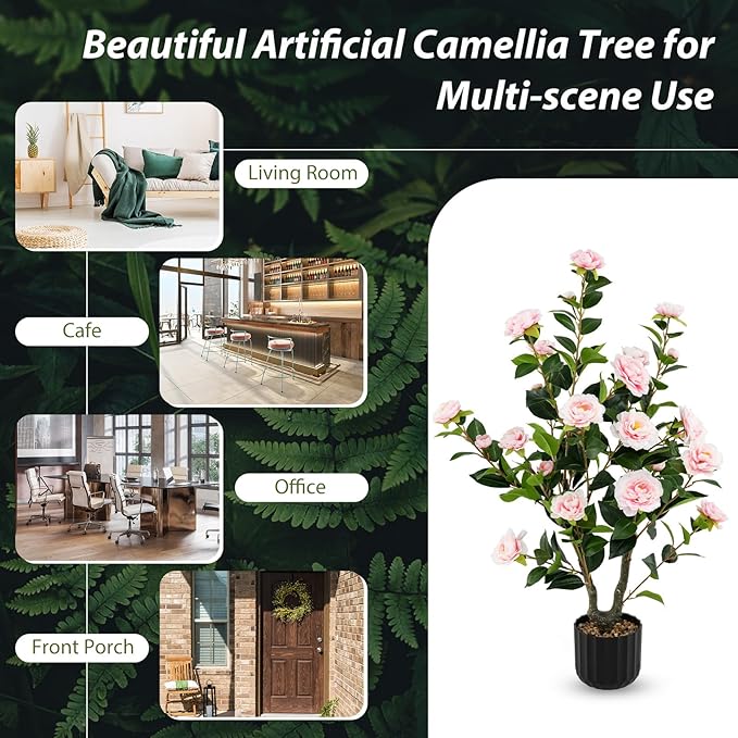 Goplus 38’’ Artificial Camellia Tree, 2 Pack Flower Plants Artificial Tree, Faux Floral Plant Blooming Tree in Cement Pot, Greenery Potted Plant for Indoor Outdoor Office Home Porch Decor