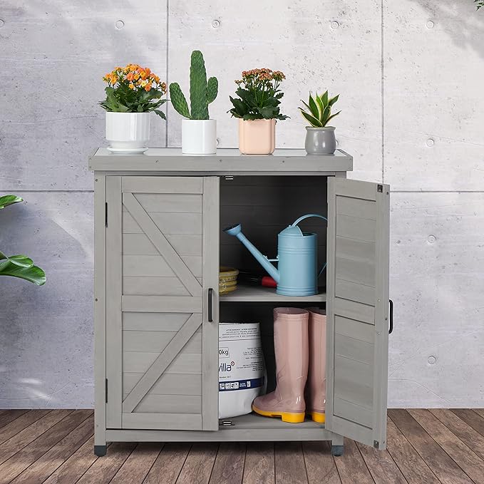 Potting Bench with Storage Cabinet and Metal Table Top for Outdoor Patio, Garden Furniture Wood Workstation
