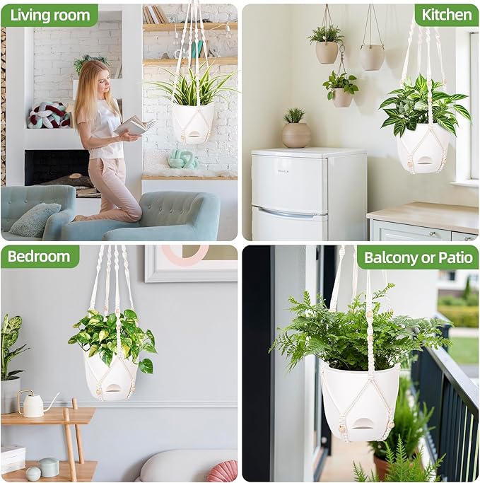 2-Pack 7.1-Inch Self-Watering Orchid Hanging planterS for Indoor & Outdoor baskets,34Inch Macrame Hanger Plant Pots Indoor with Drainage,Small Hanging Planters,With Two Sets of Hooks(Pure white)