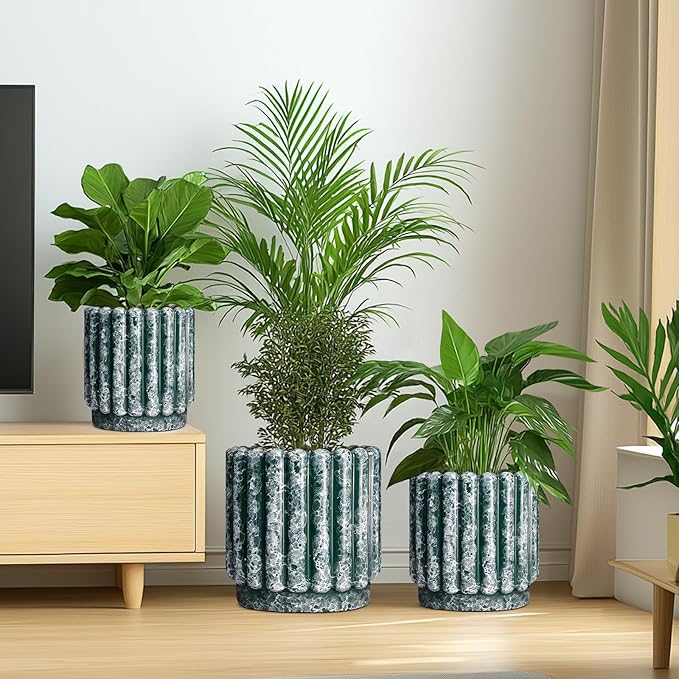 Ceramic Pots for Plants - 9.6 Inch Plant Pot Indoor with Drainage Hole, Large Ceramic Planters for Outdoor, Fluted Round Flower Planter, Home Decor Living Room, Birthday Gifts, Green