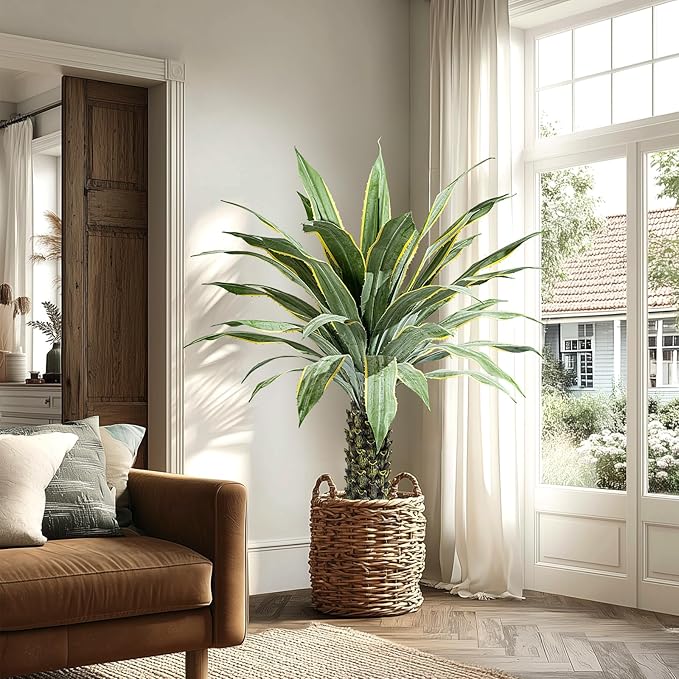 Artificial Agave Plant Potted Plants for Indoor Outdoor Fake Agave Tree in Pot Realistic Faux Tree with 42 Leaves for Home Living Room Office Garden Front Porch Patio Decor (61inch-1 Pc Potted Yellow)
