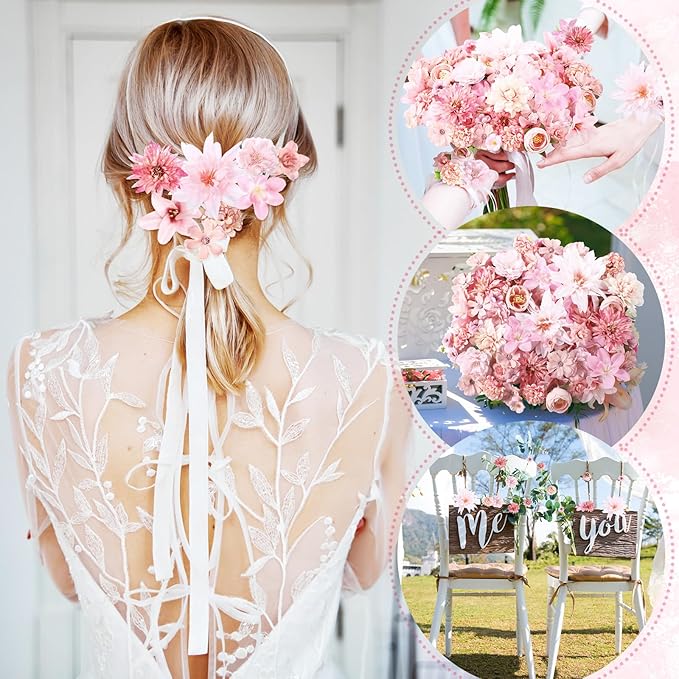 80 Pcs Assorted Fake Flower Heads Mini Artificial Flower Heads Bulk Silk Faux Daisy for Crafts Fake Peony Rose for Wedding Party Wreath Home Decoration(Pink)
