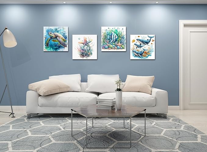 dgbtcart Ocean Wall Art Bathroom Decor β Watercolor Sea Turtle, Starfish Whale Canvas Prints β Coastal Beach Themed 4-Piece Set, 16x16 Modern Nautical Painting for Home, Bedroom, Kids Room