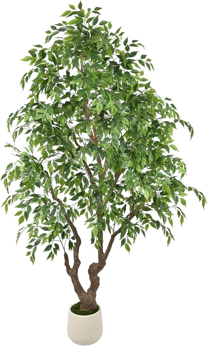 7ft Artificial Ficus Tree - 84In Tall Faux Banyan Tree with White Planter, Large Fake Ficus Tropical Plant for Home Office Living Room Mall Porch Indoor Decor