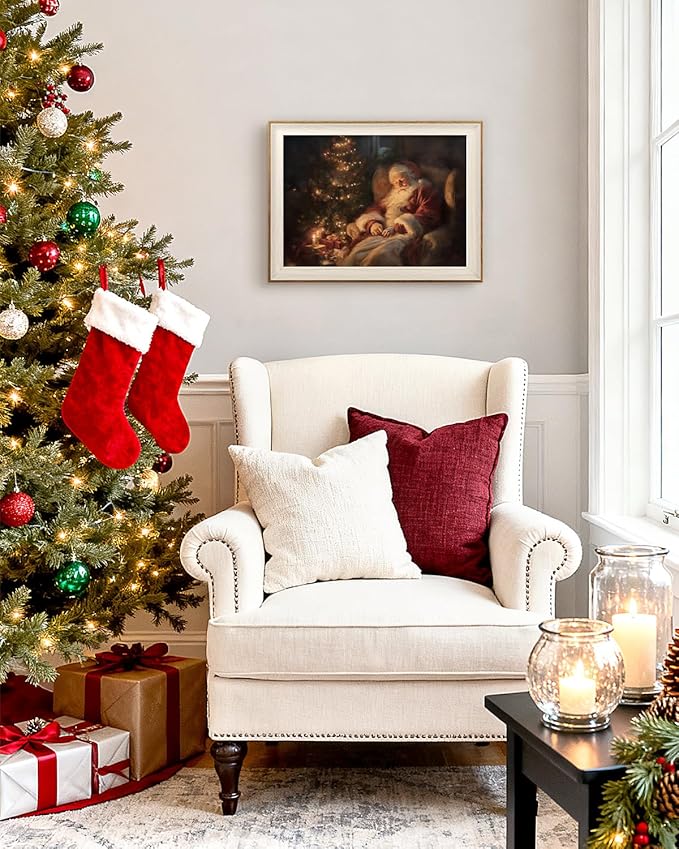InSimSea Christmas Decor Framed Wall Art Santa Claus and Christmas Tree Canvas Painting Pictures Room Aesthetic Vintage Rustic Holiday Home Decor Xmas Gifts for Living Room Bedroom Bathroom 12L x 16W