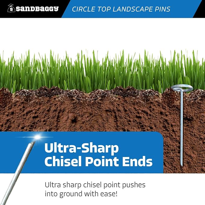 Sandbaggy 6-inch Circle Top Pins - Landscape Staples (Galvanized) - Garden Stakes for Landscaping, SOD - Heavy Duty Ground Stakes, Lawn Turf Spikes, Christmas Decorations, Weed Mats (50 Pins)