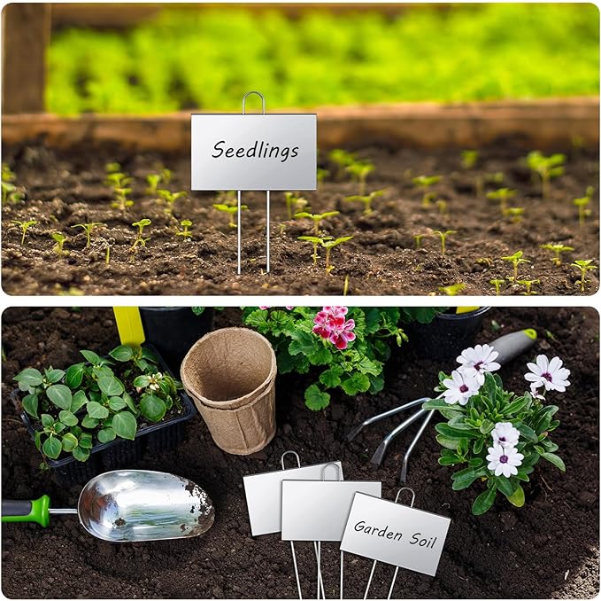 Landhoow 20 Pcs Large Garden Plant Markers Metal Plant Labels Sign 4'' x 6'' with 11'' Stake Weatherproof Waterproof Garden Sign for Outdoor Seedlings Herbs Vegetable Greenhouse, Silver