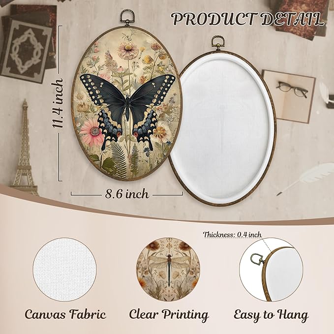 LKETW Vintage Floral Dragonfly Butterfly Oval Wall Art Decor, Farmhouse Nature Oval Canvas Hanging Decor, Rustic Wildflower Insect Wall Decorations for Home Living Room Bedroom, 8.6x11.4 Inch Set of 2
