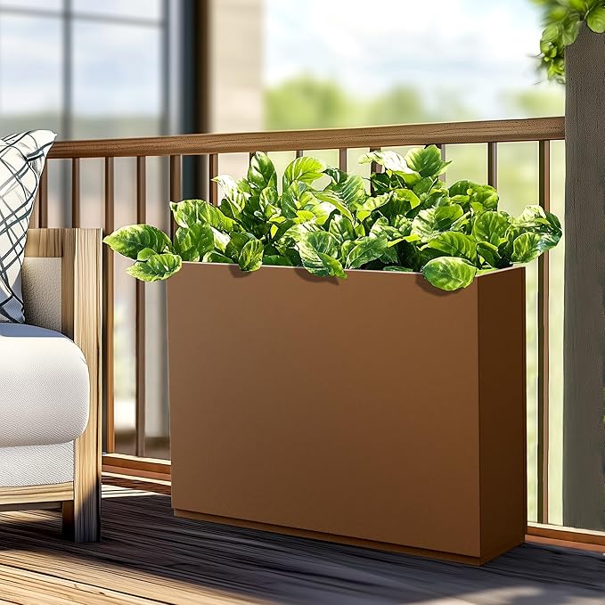 Rectangle Planter for Indoor & Outdoor, Tall and Long Planter Boxes with Drainage Holes, Mental Divider Planter Box All-Weather Use for Plants, Flowers, 35" L x 9" W x 26" H, Brown