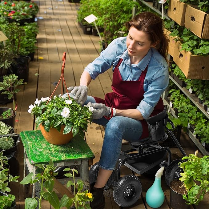 Outvita Rolling Garden Seat with Wheels, Gardening Stool with Height Adjustable 360 Degree Swivel Seat, Ergonomic Backrest, Tool Tray & Storage Basket, Outdoor Gardening Scooter Cart for Patio, Black
