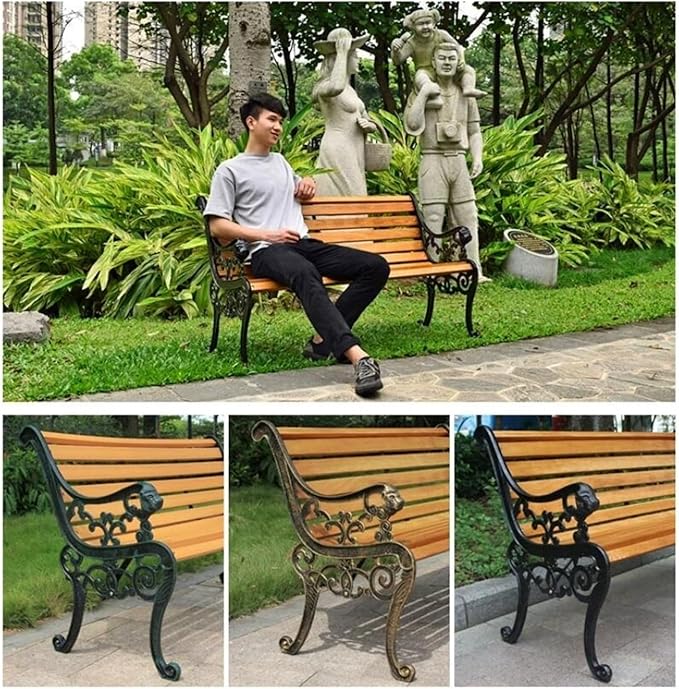 Outdoor Garden Bench with Waterproof Cover, Patio Park Lawn Solid Wood Bench with Cast Iron Frame, Patio Porch Furniture Bench with Backrest and Armrests for 2-3 People(Antique Bronze)
