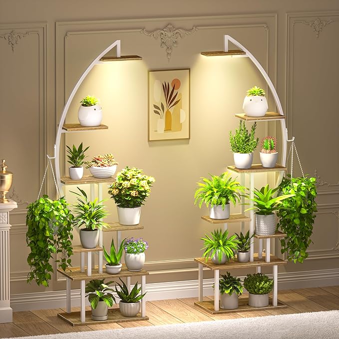 Plant Stand Indoor with Grow Lights, 7 Tiered Metal Plant Stand for Indoor Plants Multiple, Large Plant Shelf Display Rack, Half-Moon-Shaped Tall Plant Holder for Living Room, Patio (White)