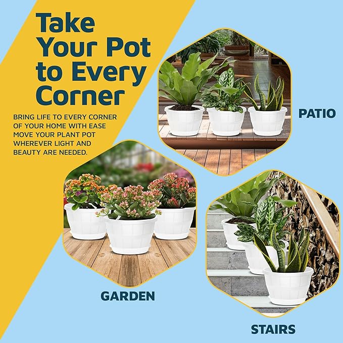 10-Inch Whiskey Barrel Planters Outdoor Pack of 25 - Durable Plastic Plant Pots for Indoor & Outdoor Use with Drainage & Saucer, Lightweight Rustic Barrel Planters for Flowers, Herbs & Small Plants