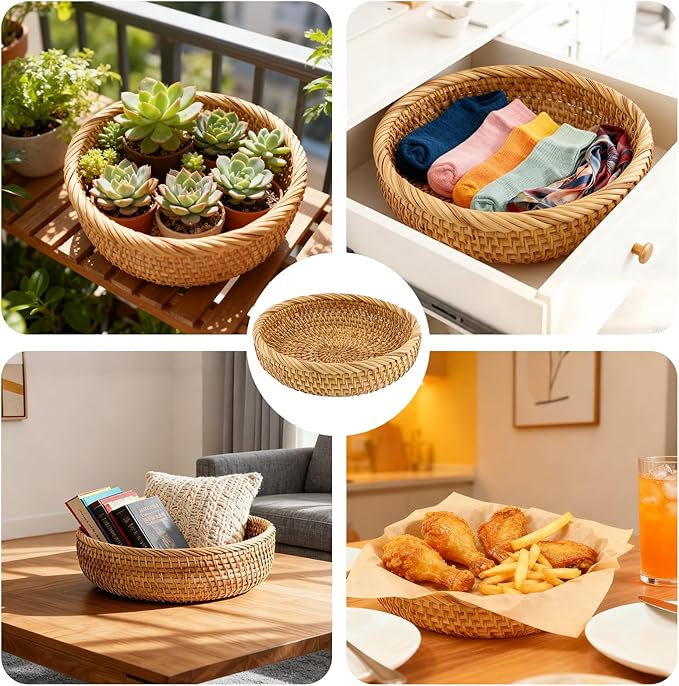 Small 7 Inch Natural Rattan Bread Basket,Handwoven Round Wicker Serving Bowls,Kitchen Wicker Fruit Basket Tray for Kitchen Counter Organizing Entryway Farmhouse Decor(7 Inch)