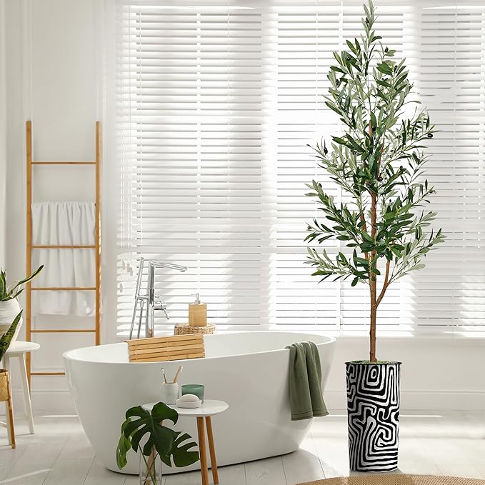 Artificial Tree in Modern Geometric Pattern Planter, Fake Olive Silk Tree for Indoor and Outdoor Home Decoration - 68" Overall Tall (Plant Pot Plus Tree)