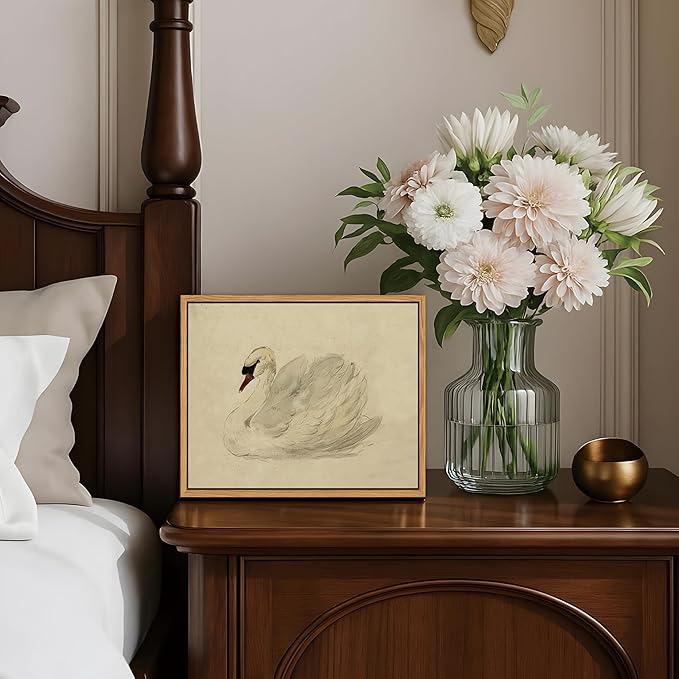 Floating Framed Vintage Wall Art Decor, Classical Swan Canvas Wall Prints, Rustic Sketch Watercolor Swan Poster Picture for Living Room Kitchen Bedroom Bathroom Farmhouse Decor 8x10 inch